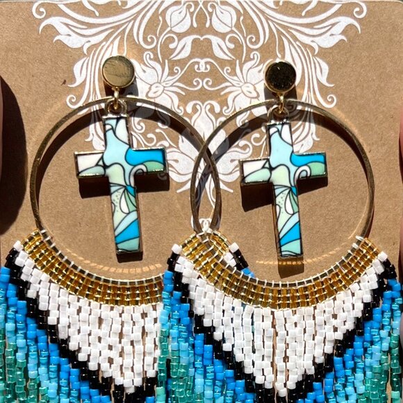 Handmade Beaded Long Faith Fringe Cross Dangle Drop Lightweight Post Earrings - Picture 4 of 11